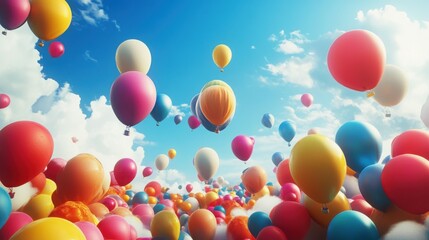 Whimsical scene of flying through a sky filled with colorful balloons