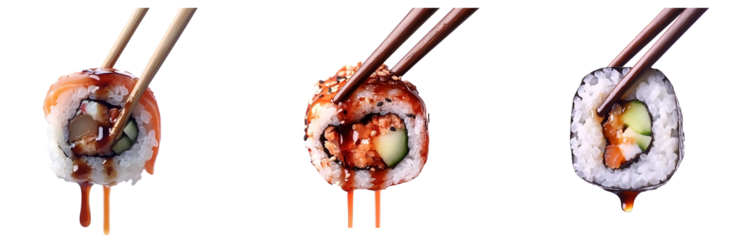 Set of delicious sushi roll with fresh ingredients, dripping soy sauce, held by chopstick isolated on a transparent background 