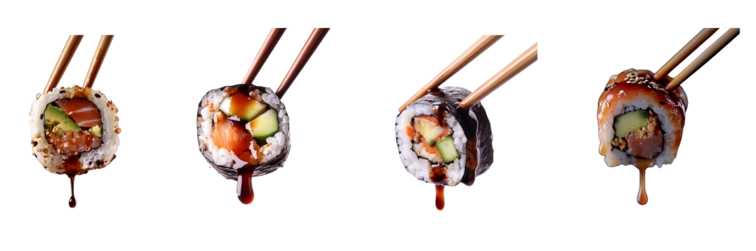 Set of delicious sushi roll with fresh ingredients, dripping soy sauce, held by chopstick isolated on a transparent background