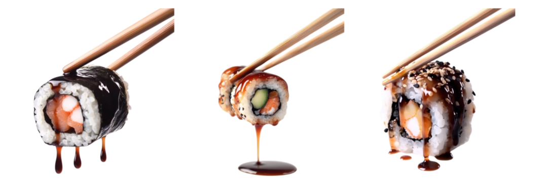 Set of delicious sushi roll with fresh ingredients, dripping soy sauce, held by chopstick isolated on a transparent background
