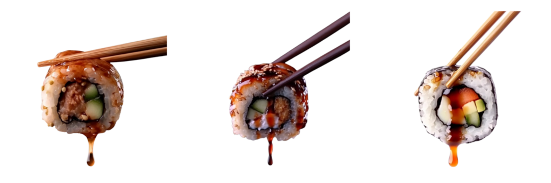 Set of delicious sushi roll with fresh ingredients, dripping soy sauce, held by chopstick isolated on a transparent background