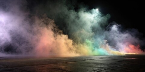 Obraz premium Thick opaque fog with colorful streaks, mysterious ambiance, foggy atmosphere, smoke effects, multicolored smokes