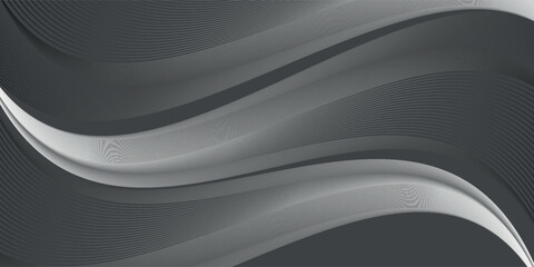 Black abstract background design. Modern wavy line pattern (guilloche curves) in monochrome colors. Premium stripe texture for banner, business backdrop. Dark horizontal vector template