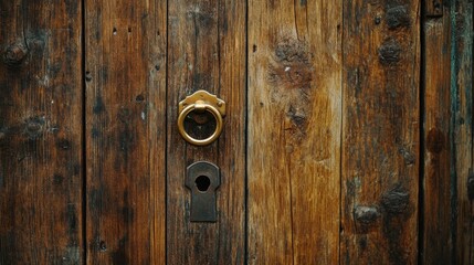 Fototapeta premium Wooden entryway with a brass handle and keyhole.