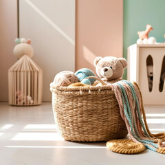 A basket full of yarn and a teddy bear