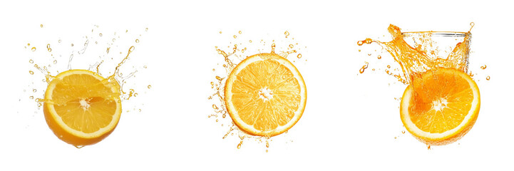 Set of Fresh orange and juice splash isolated on a transparent background