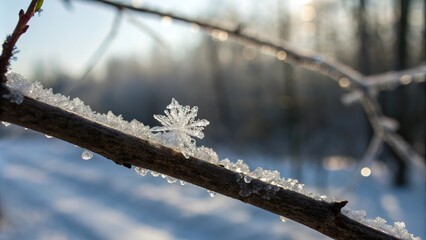 Obraz premium Tiny ice crystal embedded in branch surface, icy formations, autumn mornings