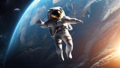 Fototapeta premium 3D illustration of astronaut falling to earth planet. 5K realistic science fiction art. Elements of image in space