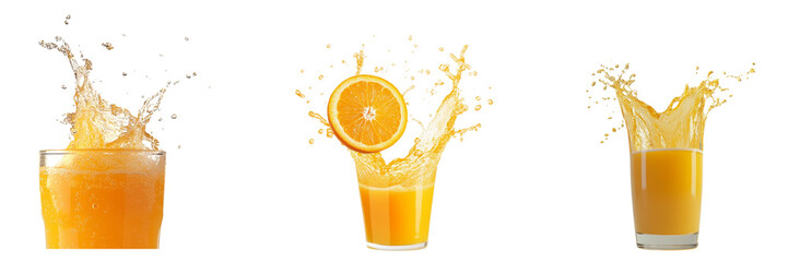 Set of fresh orange juice splash in a glass isolated on a transparent background