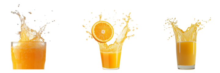 Set of fresh orange juice splash in a glass isolated on a transparent background
