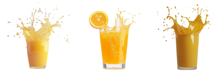 Set of fresh orange juice splash in a glass isolated on a transparent background