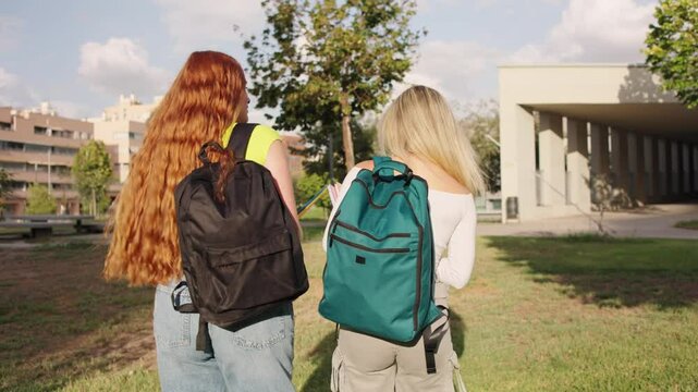 Female students strolling together on a sunny campus day