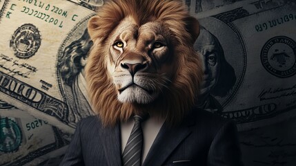 Portrait lion 3d in a business suit, on an canvas background, Money dollars on background