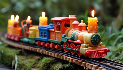 Festive train display with candles enchanted forest decorative art natural setting close-up whimsical concept for holiday cheer