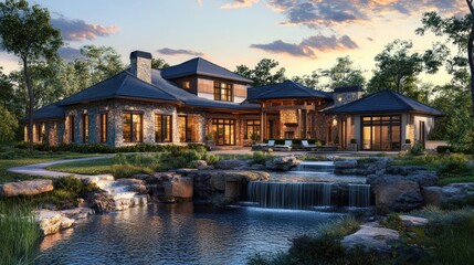 Fototapeta premium Luxurious Home with Cascading Water Features in 3D