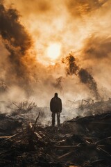 Fototapeta premium A lone figure stands among the ruins, surrounded by thick smoke and rising flames. The sky is illuminated with a dramatic orange glow, signaling the day's end over the destruction