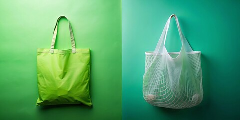 A Striking Comparison of a Plastic Bag and a Reusable Tote Bag on Contrasting Green Backgrounds Highlighting Environmental Choices and Sustainability in Daily Life