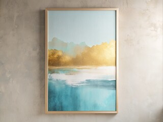 Abstract Minimalist Wall Decoration Design Featuring Pastel Blue, Beige, and Golden Oil Paints for Contemporary Art Posters and Elegant Interior Spaces