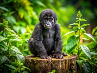 Obraz premium Adorable Baby Gorilla Posing Playfully on Tree Stump Surrounded by Lush Greenery in Its Natural Habitat, Capturing the Charm and Innocence of Wildlife Photography