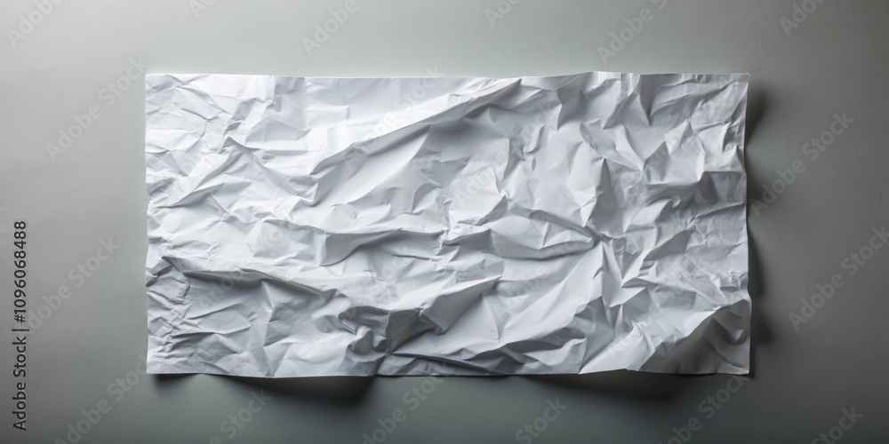 Poster aerial view of a crumpled empty white paper sheet on a solid background highlighting texture and sha