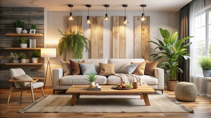 Cozy Minimalist Living Room with Earth Tones and Soft Whites - Product Photography, Low-Profile Sofa, Reclaimed Wood Coffee Table, Interior Design Inspiration