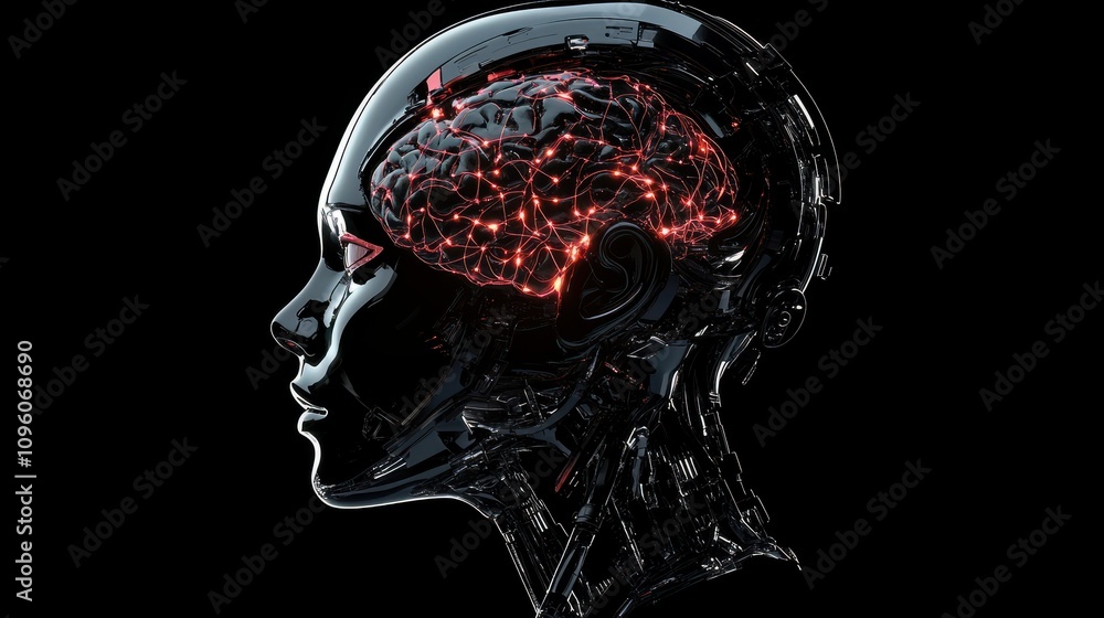 Aufkleber side view of cyborg head with bright neon neural networks in brain on plain background