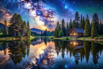 Fototapeta premium Aerial View of a Secluded Lake Cabin Under a Starry Night Sky, with the Galaxy Reflected in Serene Waters, Captured in a Dreamy Watercolor Style for Nature Lovers and Stargazers