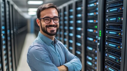 Shot of a Smiling IT Engineer Standing in the Middle of a Working Data Center Server Room. Visualizations of Data Transmission Through High Speed Internet. User Interface Icons in the Foreground.