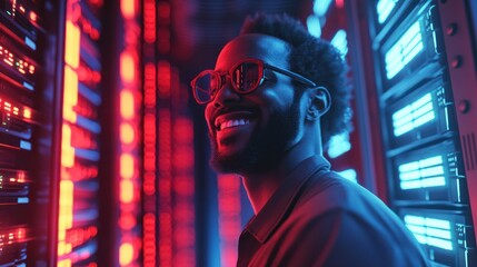 Shot of a Smiling IT Engineer Standing in the Middle of a Working Data Center Server Room. Visualizations of Data Transmission Through High Speed Internet. User Interface Icons in the Foreground.