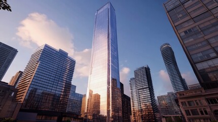 Obraz premium Modern Skyscrapers with Striking Perspective at Sunset