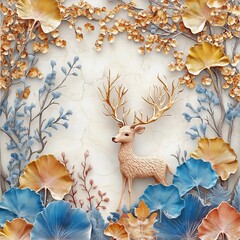 Golden tree with golden coins, high quality, two deers playing peacefully