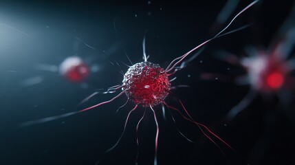 This abstract image features glowing, red and black microscopic cells, ideal for scientific and medical projects, It can be used in research presentations, educational materials