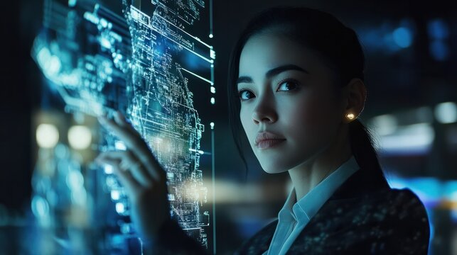 Technology, ai and business woman networking or trading at night using virtual UX interface at work. Female using big data hologram with futuristic 5g network and social connections in dark office