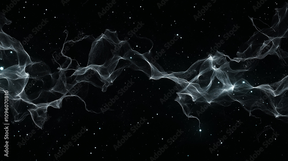 Poster cosmic flow: abstract ethereal ribbons of white light dance and swirl against a backdrop of twinklin