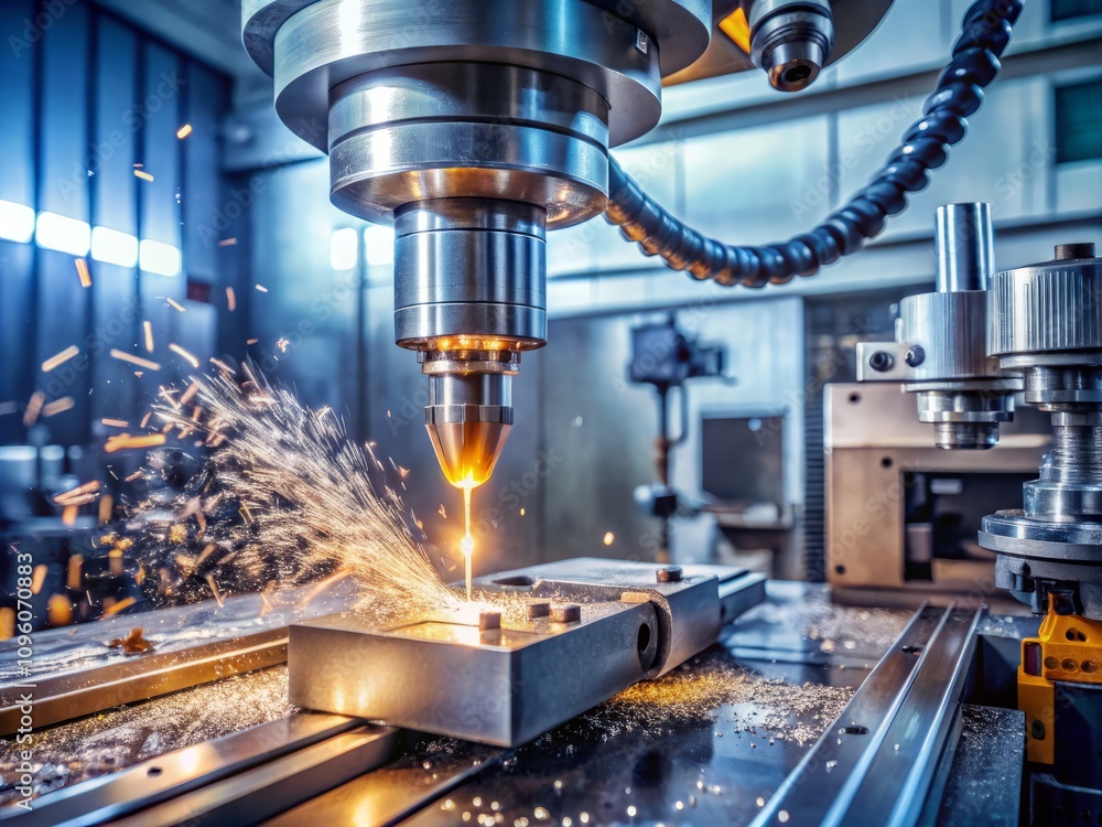 Poster candid photography of cnc metal machining process using vertical mill, capturing precision and detai