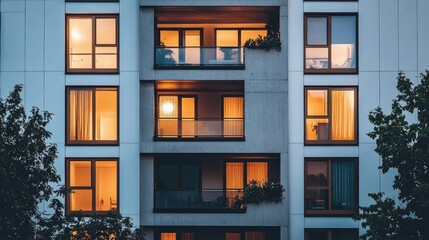 Fototapeta premium Modern Apartment Building with Warm Evening Glow