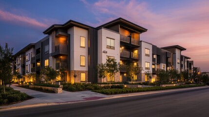 Modern Minimalist Apartment Complex at Dusk