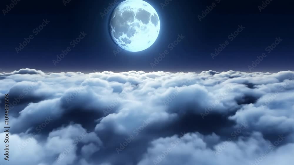 Aufkleber a bright full moon casts its light across a sea of soft clouds under a deep blue night sky, creating