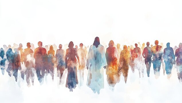 A crowd of people following Jesus.