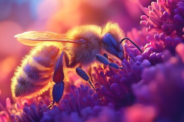A close-up of a bee collecting nectar from vibrant flowers in a colorful setting.