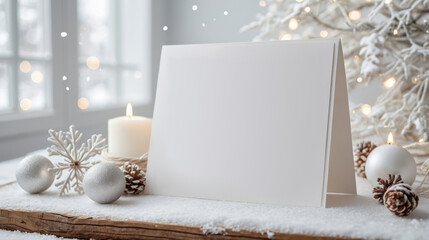 Blank greeting card displayed on a snowy table surrounded by silver Christmas ornaments, pinecones, and glowing lights