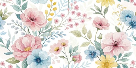 Watercolor Floral Pattern with Pastel Colors, foliage, atmospheric, art