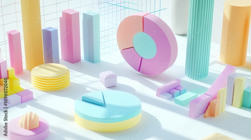 Poster vibrant 3d graphs and pie charts in colorful pastels showcase dynamic data visualization, casting pl
