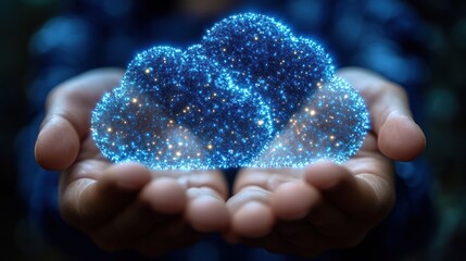 Hands holding a glowing cloud symbol, representing digital storage and technology.