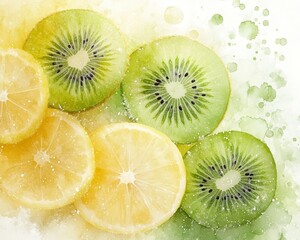 Fototapeta premium Vibrant Kiwi and Lime Fusion, close-up of sliced kiwi and lime, colorful greens and yellows blending in a watercolor effect, rich textures and hues