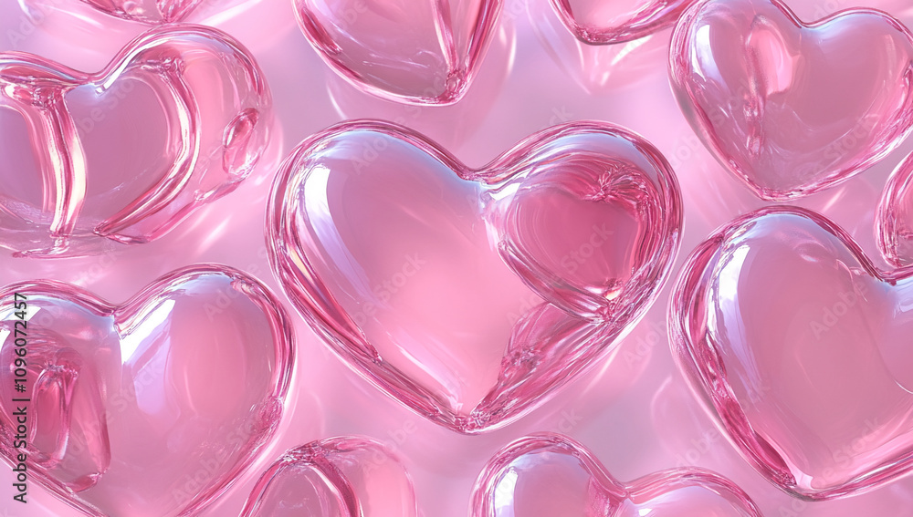 Poster colorful transparent heart shapes scattered on a surface create a playful and romantic atmosphere