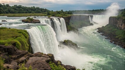 Fototapeta premium Water falls from the top of a cliff creating a stunning display of white water and spray, scenic, scenery