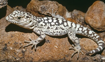 Naklejka premium A lizard with a patterned body resting on rocks.