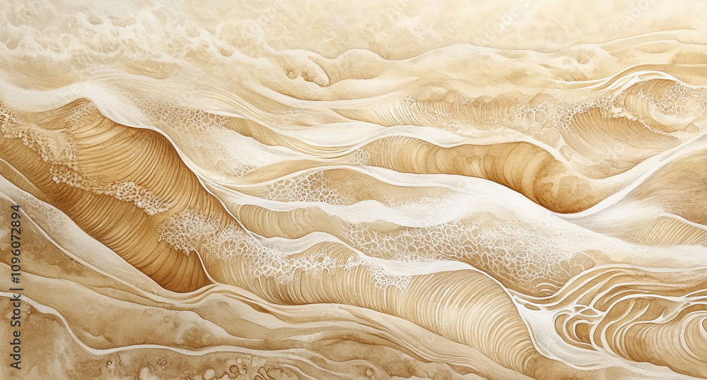 Poster waves of sand flowing gently under warm sunlight creating a serene abstract landscape with soft text