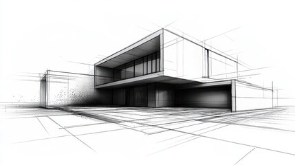 Fototapeta premium Architectural Sketch: Modern House Design with Patio and Garage, Illustrated in Monochromatic Style